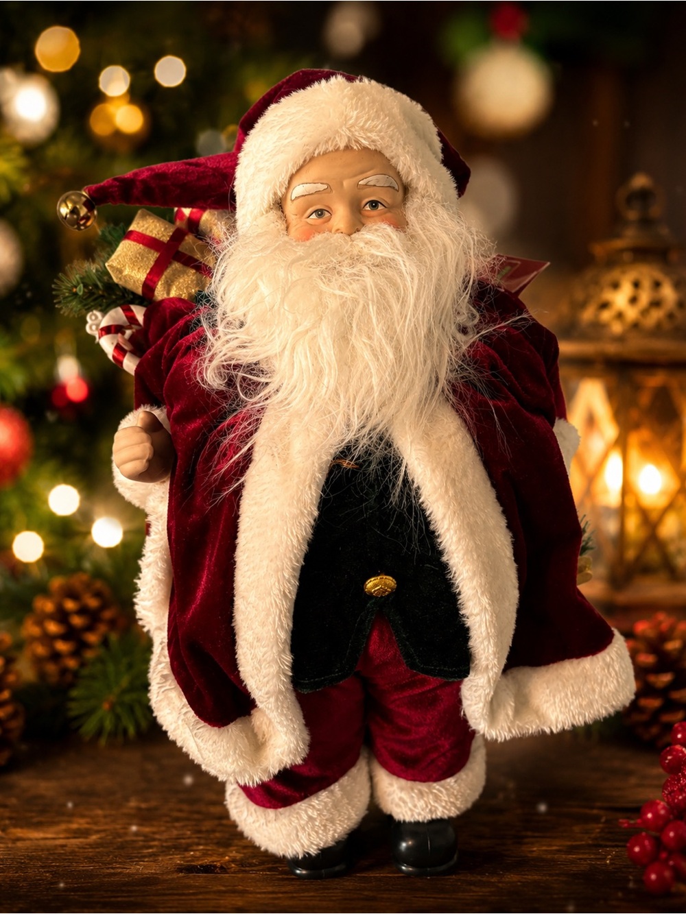 Vintage Plush Santa Claus Figure w Tags Velvet Christmas Decor 16”